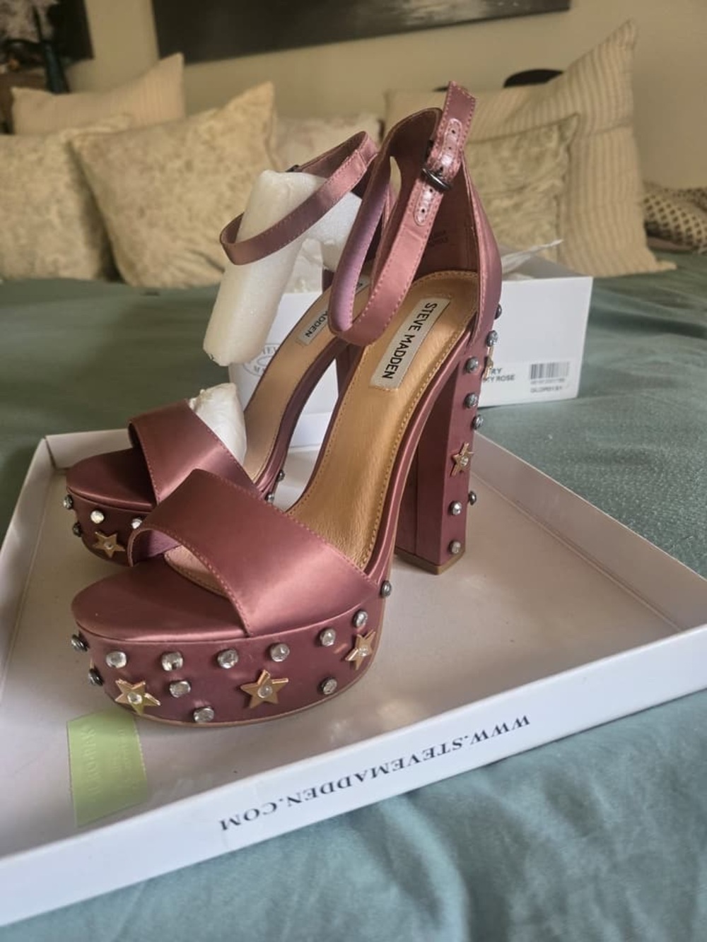 Steve Madden Rose Satin Platform Heels with Star Studs